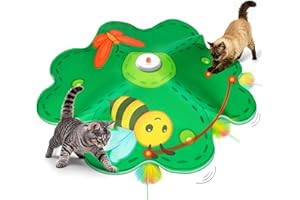 FEELNEEDY Rechargeable Cat Toys, 2 in 1 Hide and Seek Game Interactive Cat Toy, Movable LED Red Dot, Concealed Feathers, Durable Exercise Toys for Indoor Cats, Bored Adult Cats Wand Toy, Green