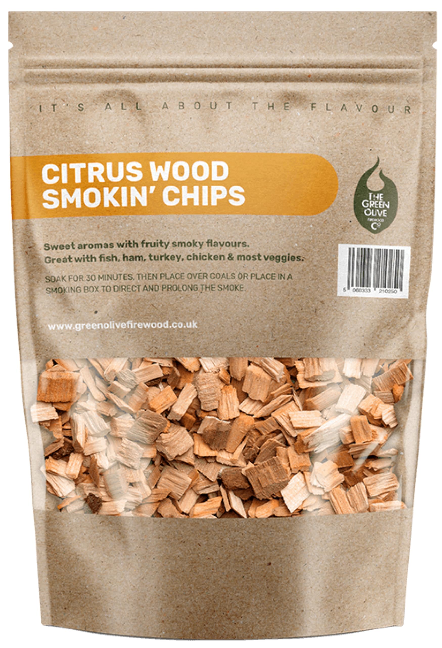 Green Olive Firewood Company - Orange, Lemon, Lime - Wood Chips Blend for Smoking, 3L (approx 600g) BBQ wood chips for Smoking - Large Mixed Smoking Wood Chips for Charcoal, Gas BBQ's and Smokers
