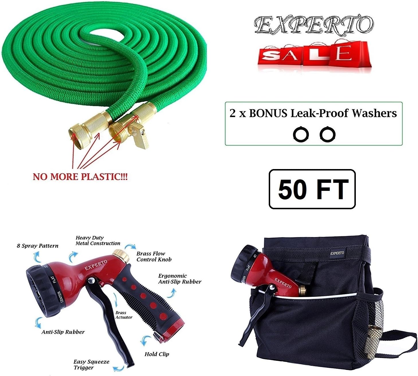 eXperto (50ft, Green) Expandable Garden Hose 3 in 1 KIT - Expanding Hose + Heavy Duty 8 Pattern Metal Watering Nozzle Spray Front Trigger + Hose Storage Bag