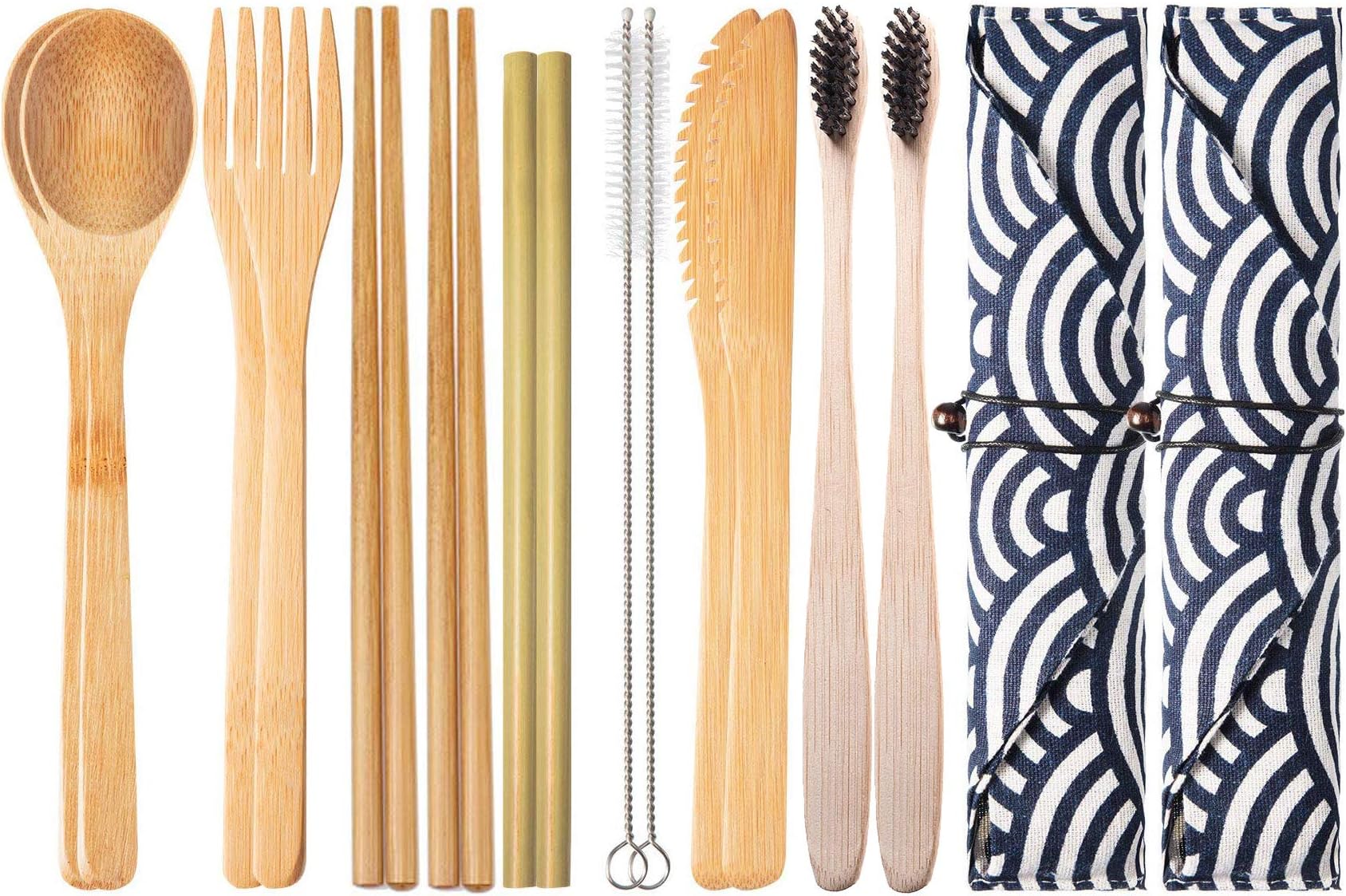 Reusable Bamboo Cutlery Kit + Toothbrush - 2 Sets | Travel, Camping Utensils set with Case, Fork, Knife, Chopsticks, Spoon, Straw, Cleaning Brush | Eco Friendly, Wooden, Natural, Compostable & Durable