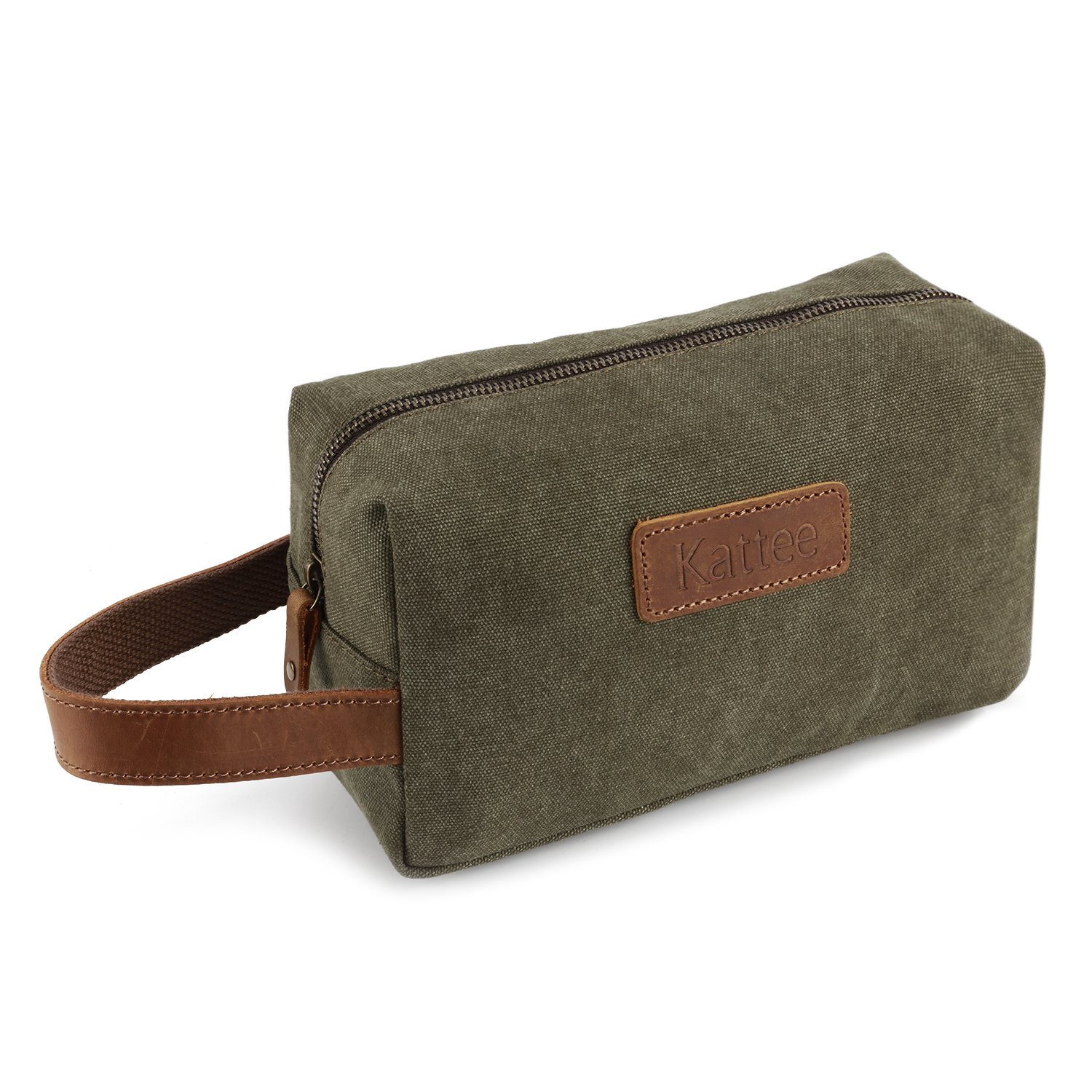Kattee Mens Travel Toiletry Bag, Canvas Leather Cosmetic Makeup Organizer Shaving Dopp Case (Army Green)