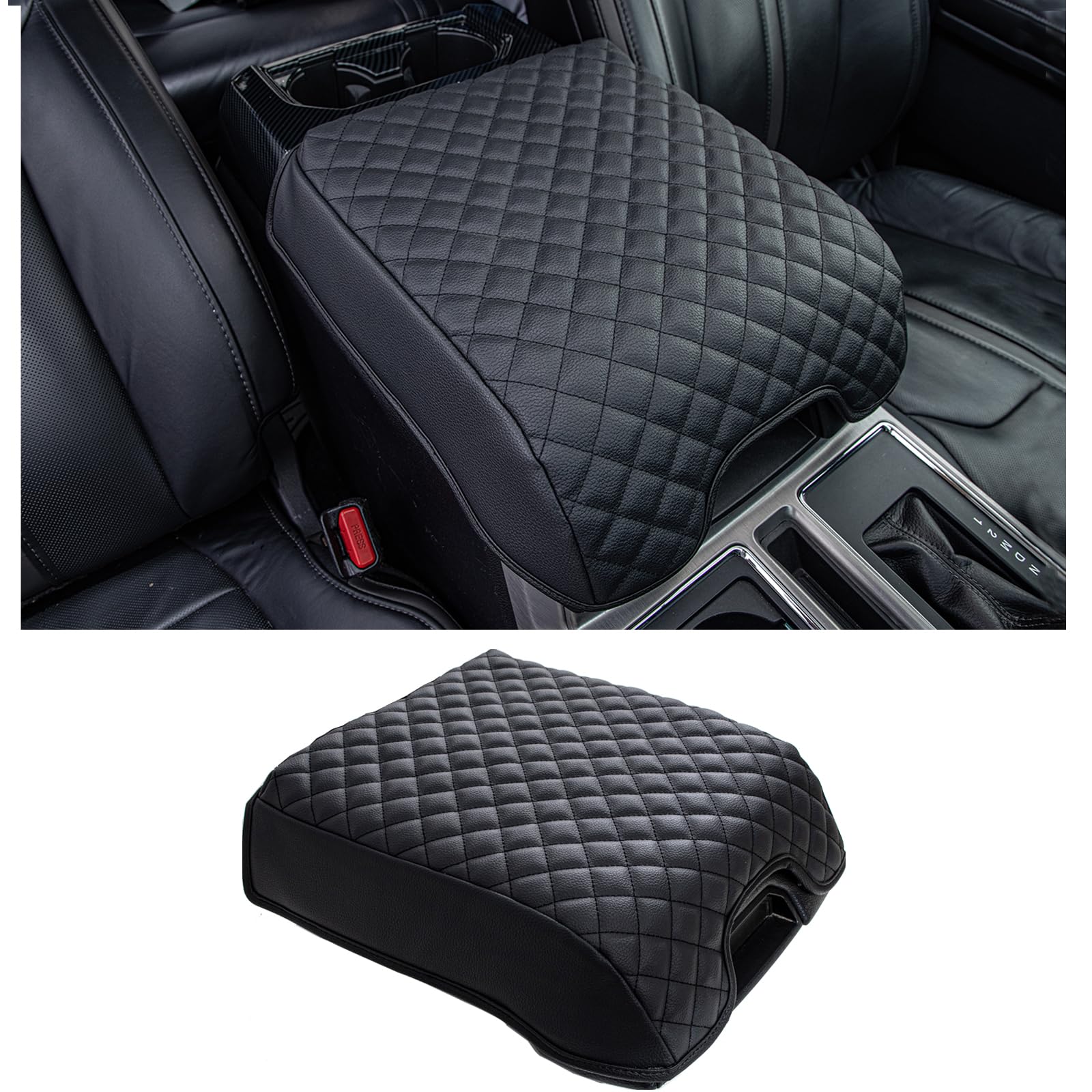 JDMCAR Center Console Cushion Compatible with 2015-2020 Ford F150 / 2017-2022 F250 F350 F450 and 2018-2024 Expedition Accessories, Customized PU Leather Armrest Cover Protector (Bucket Seat Only) Image