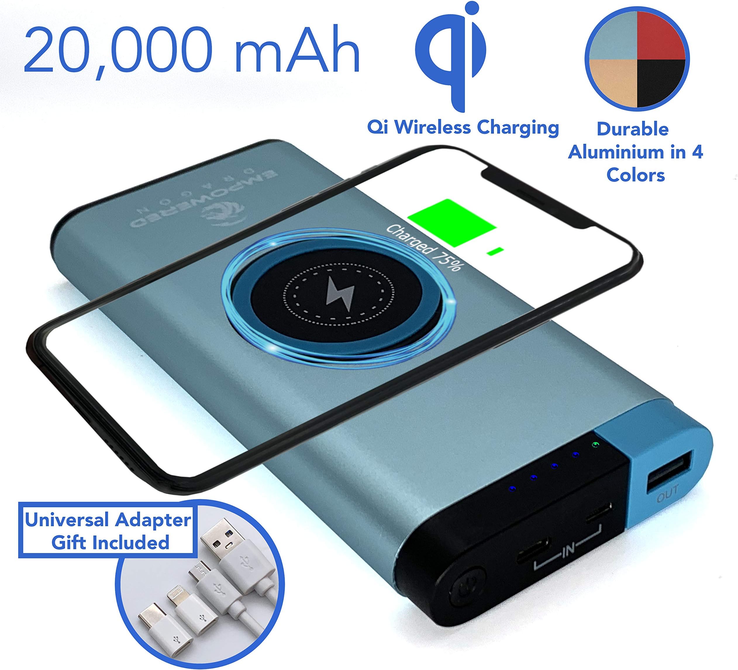 Empowered Dragon Qi Wireless Power Bank 20000mAh, Portable Travel Charger for Smartphones, Tablets, Headphones, Mobile Devices, Adaptive Quick Charge with USB Micro, Type C Ports (Blue Aluminium)