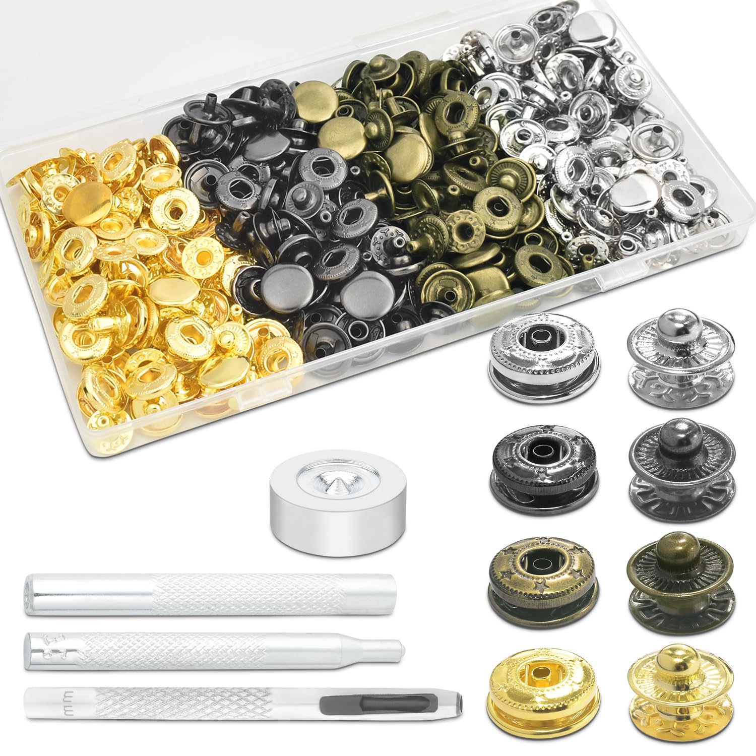 Photo 1 of 50Sets Snaps Button Kit, Leather Snaps Fasteners, Metal Button Press Studs with 4 Install Tools for Fabric Leather Bag Clothes Jackets Bracelets Fashion DIY Sewing (15mm, Mixed)