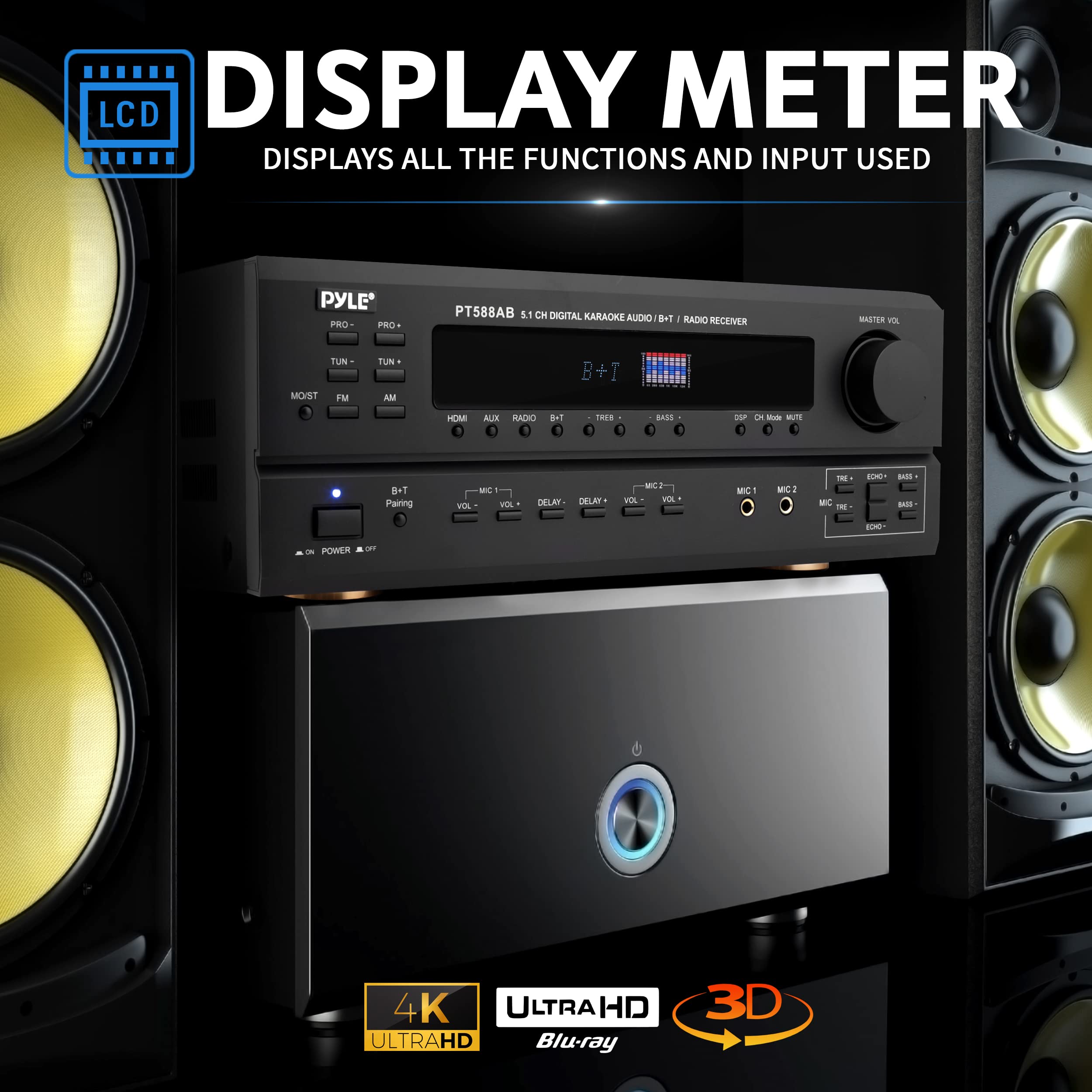 Pyle Wireless Bluetooth Power Amplifier System - 420W 5.1 Channel Home Theater Surround Sound Audio Stereo Receiver Box w/RCA, AUX, Mic w/Echo, Remote - for Subwoofer Speaker - Pyle PT588AB.6