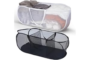FACULX 2 Pack Collapsible Mesh Laundry Hamper, 3 Compartment Sortable Pop up Laundry Basket, Foldable Popup Laundry Hampers, Portable Laundry Basket for Family College Dorm Hoom Dirt Clothes Bin with Handle