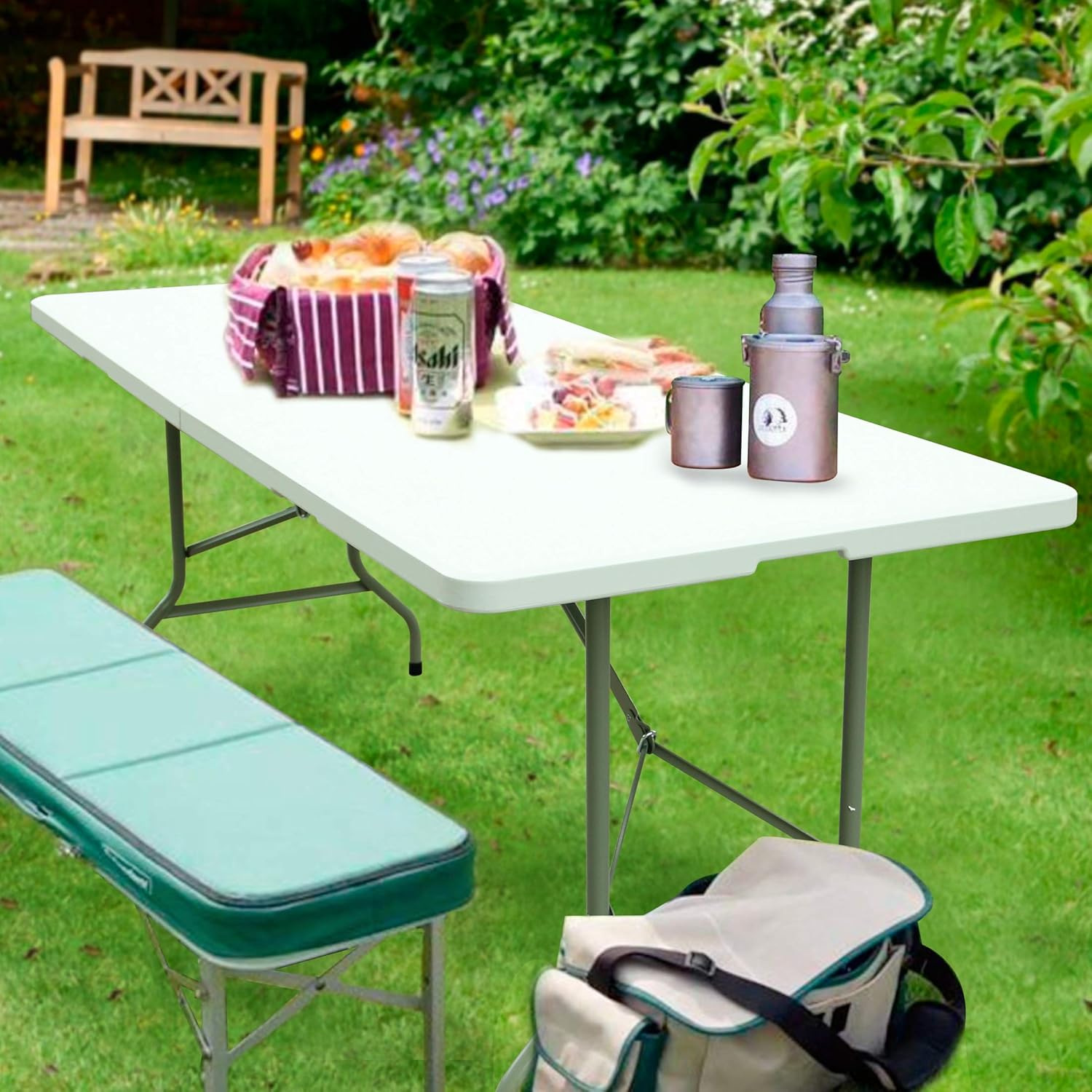 FORUP 6ft Table, Folding Utility Table, Fold-in-Half Portable Plastic Picnic Party Dining Camp Table (White): Kitchen & Dining