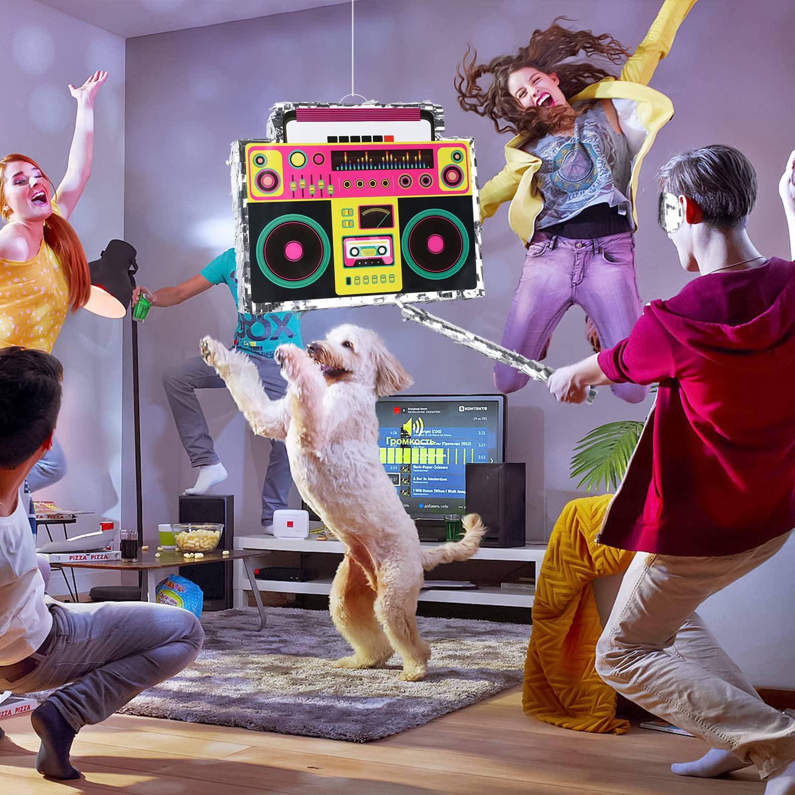 Boombox Pinata with Stick & Hanging Loop Retro 90s Hip Hop Mexican Pinata Game for Back to the 80s Party Nostalgia Large Radio Gifts 70' Theme Birthday Party Decorations Supplies