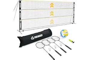 Patiassy Portable Badminton Volleyball Pickleball Net for Backyard, 17FT Combo Set with 5.1ft-7.4ft Adjustable Height for Outdoor Driveway Games, 4 Rackets, 3 Shuttlecocks, 1 Volleyball and Carry Bag