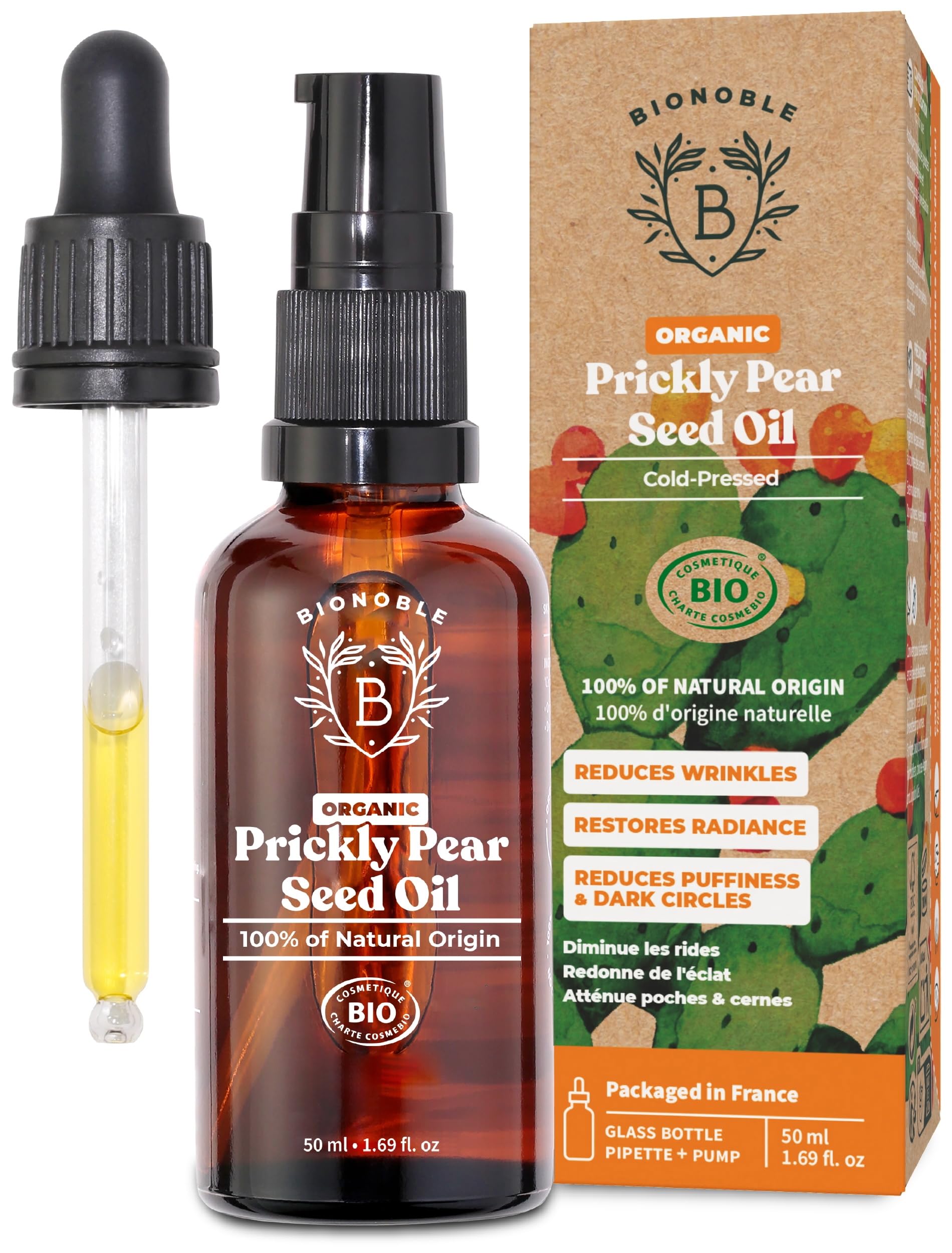 BIONOBLE Organic Prickly Pear Seed Oil, Cold-Pressed, 100% Pure, Hexane-Free - Moroccan Prickly Pear Oil for Face - Anti-Ageing, Reduces Wrinkles and Dark Circles - Glass Bottle, Pipette, Pump - 50ml