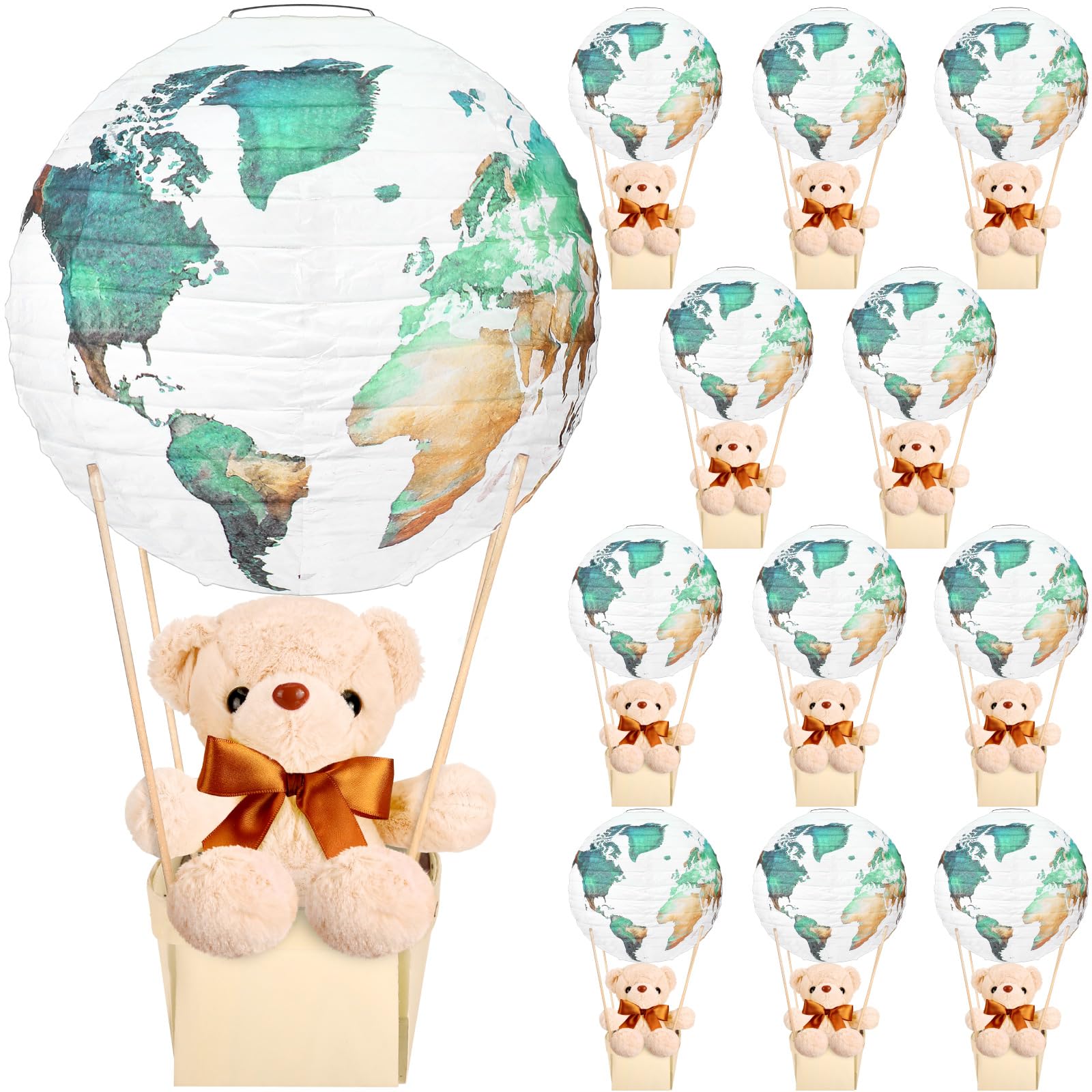 Photo 1 of 12 Sets Bear Hot Air Balloon Table Centerpieces for Baby Shower,DIY Paper Lanterns Stuffed Plush Bear Wooden Basket with Stick Adhesive Tape for Graduation Wedding Birthday(Earth)
