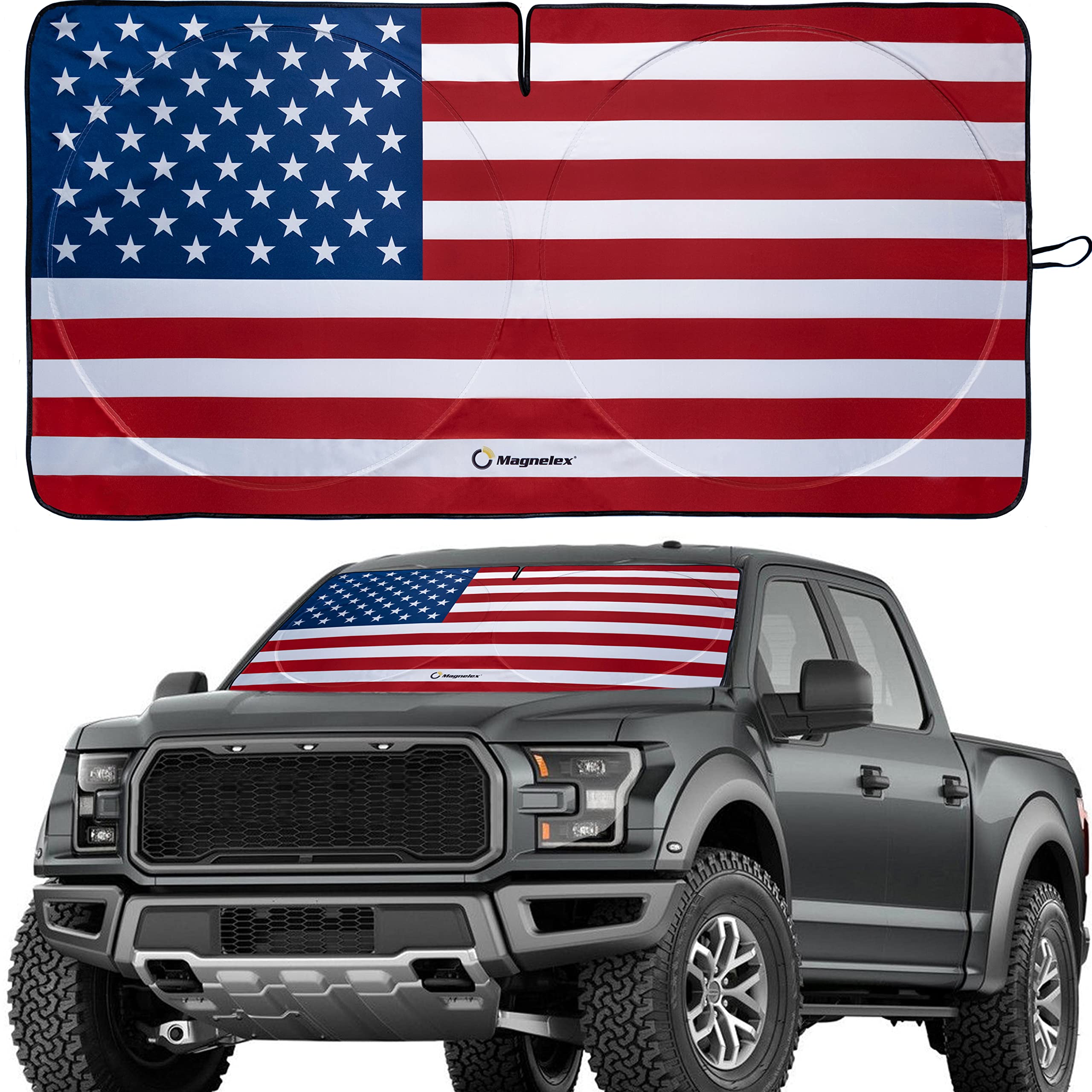 Photo 1 of Magnelex American Flag Windshield Sun Shade, High-Resolution Sun Shield with Mirror Cut-Out for Automotive Interior Sun Protection Heat Reduction, Folding Car Sunshade with Storage Bag - X-Large