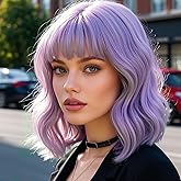 andromeda Purple Wig with Bangs Soft Short Bob Wavy Wigs for Women Synthetic Shoulder Length Women's Curly Wigs for Halloween Costumes Cosplay Daily (Purple)
