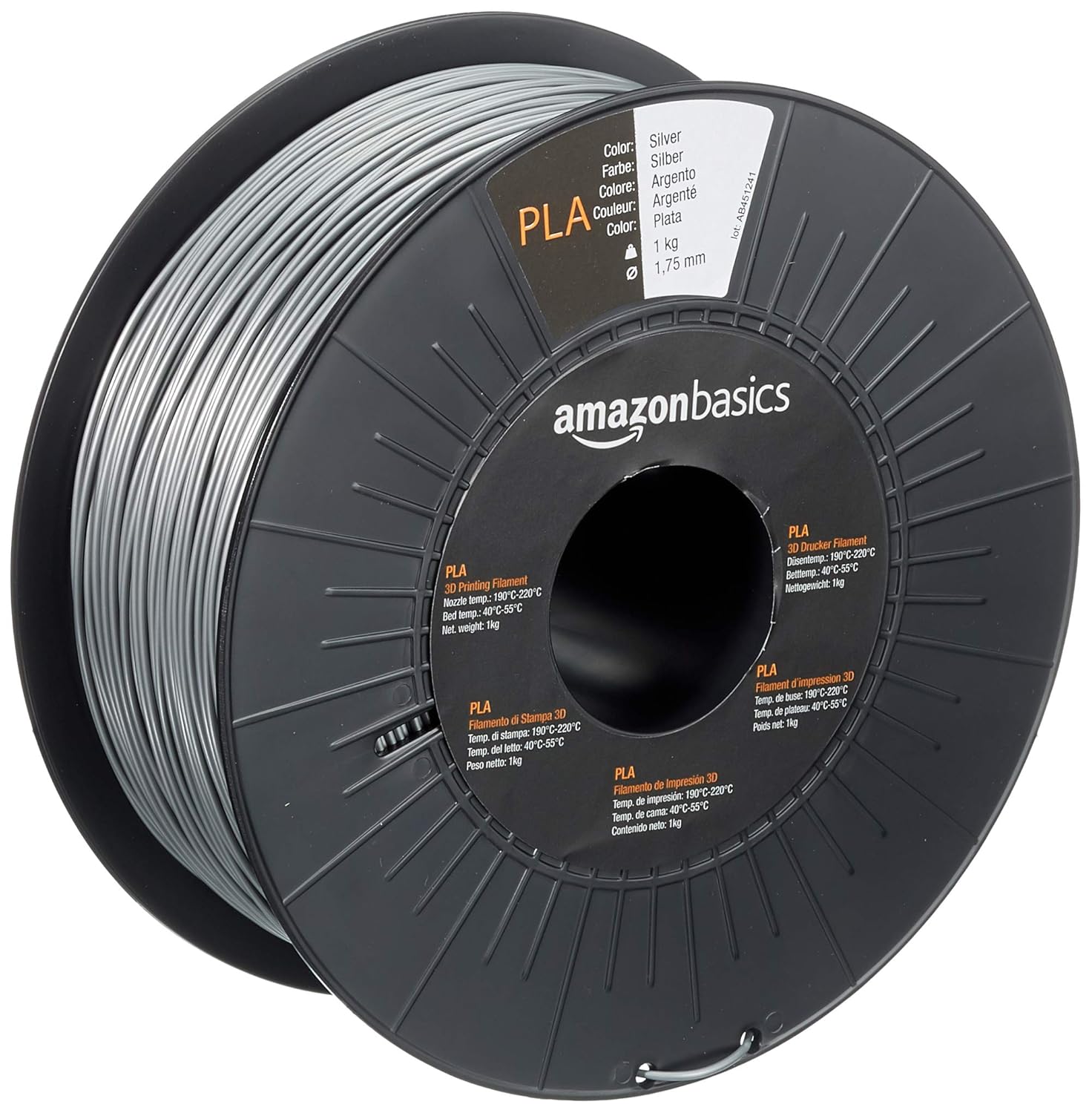 AmazonBasics 3D-Drucker-Filament aus PLA-Kunststoff, 1,75 mm, Silberfarben, 1-kg-Spule