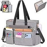 ESTARER Teacher Tote Bag for Women 2Pcs, 15.6'' Laptop Work Bag Computer bag w/Expandable File Folder, Large Water-Resistant Messenger Shoulder bag w/Insulated Pocket for Office/Travel/College, Grey