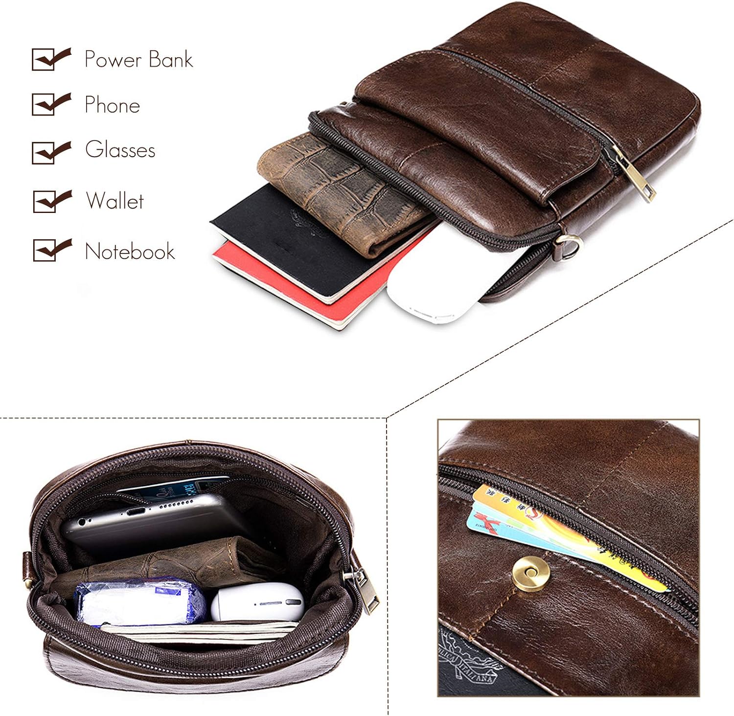 FANDARE Unisex Shoulder Bag Leather Crossbody Purse Crossover Messenger Bag Satchel Bag for Men Women Teens Business Travel School College Campus Backpack Black - Image 5