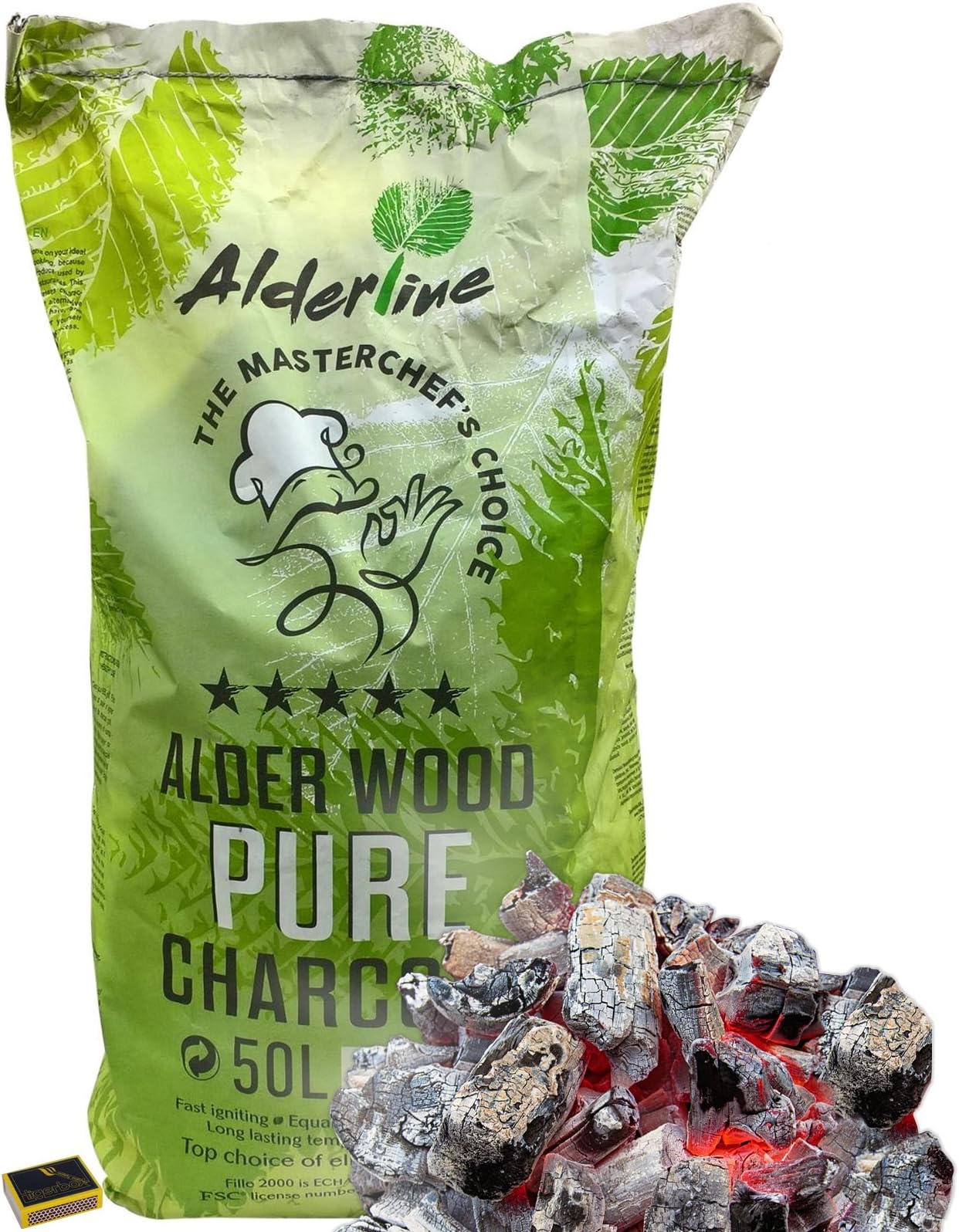 Tigerboxยฎ 4 x 50L Alderline Alder Wood Pure 100% Natural Lumpwood Smokeless Restaurant Grade Charcoal For BBQ's Barbecues & Safety Matches