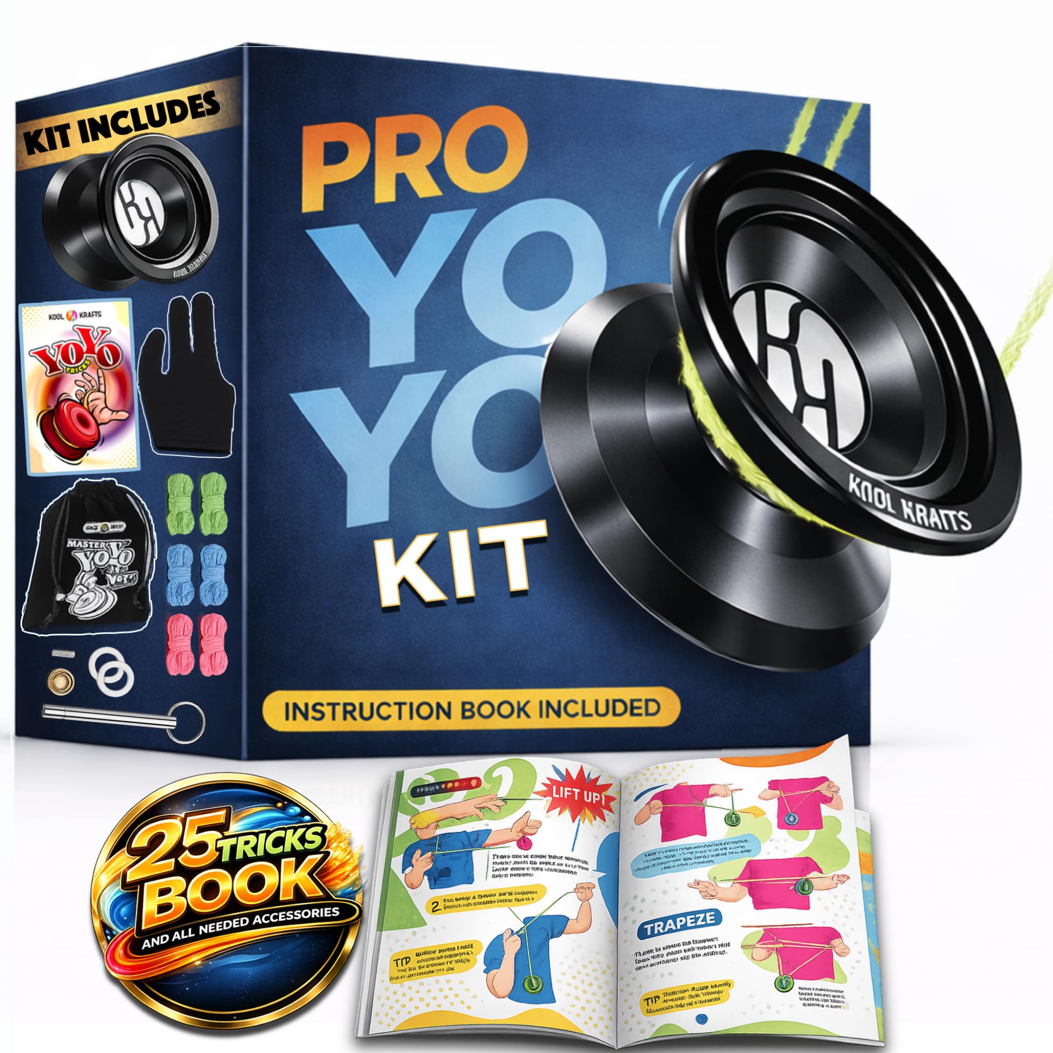 Professional Responsive Yoyo Kit, Premium Alloy Yo-Yo for Kids and Beginners with Easy-to-Follow Top 25 Tricks Book, Yoyo Glove, Storage Sack, 10 Colored Strings, and Bearing Tool, Great Gift for Boy.