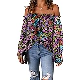 Spriolim Women's Off Shoulder Top Ruffle Long Sleeve Chiffon Blouse Casual Loose Shirts