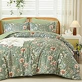 Luxudecor Queen Floral Comforter Set 7 Pieces,Sage Green Floral Comforter with Sheet Set,Flowers Leaves Pattern Bed in a Bag,Soft Microfiber Bed Set 90"x90"
