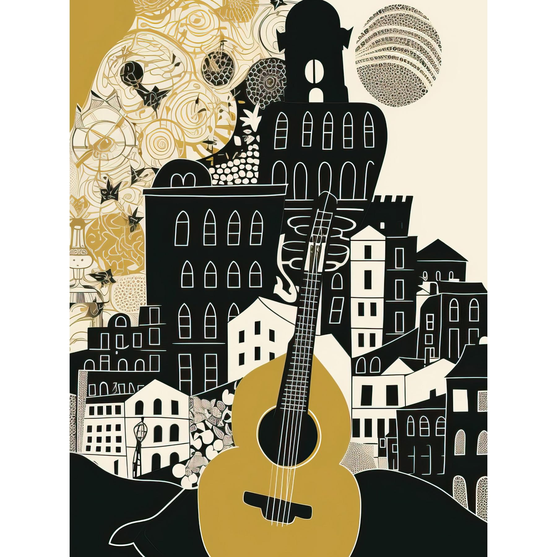 Artery8 Edinburgh Cityscape Fringe Festival Guitar Linocut Large Wall Art Poster Print Thick Paper 18X24 Inch