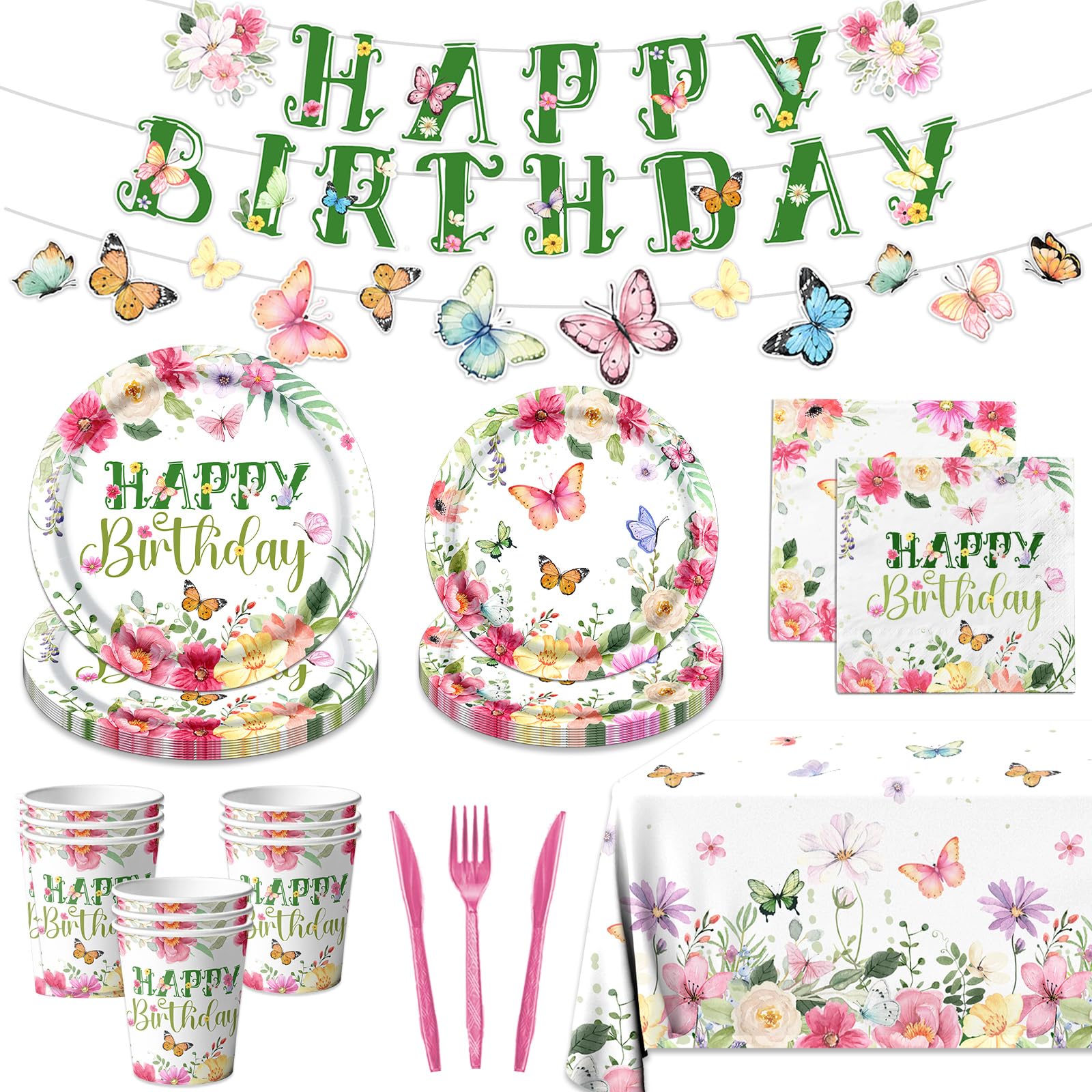 Photo 1 of Flower Birthday Decorations, 170Pcs Butterfly Floral Birthday Decorations Tableware Floral Paper Plates Napkins Cups Banner Tablecloth for Spring Garden Butterfly Party Supplies, Serves 24