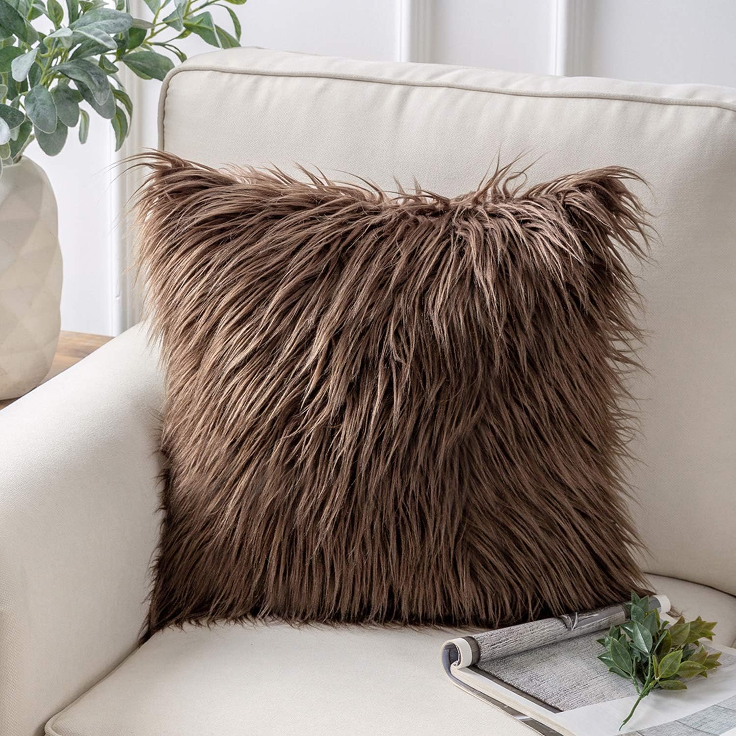 Phantoscope Faux Fur Pillow Cover Decorative Fluffy Throw Pillow Mongolian Soft Fuzzy Pillow Case Cushion Cover for Bedroom and Couch,Coffee 18 x 18 Inches