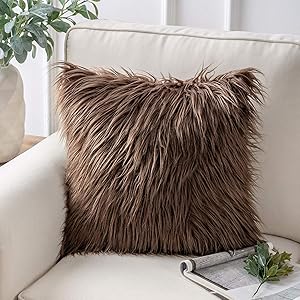 Phantoscope Faux Fur Pillow Cover Decorative Fluffy Throw Pillow Mongolian Soft Fuzzy Pillow Case Cushion Cover for Bedroom and Couch,Coffee 18 x 18 Inches