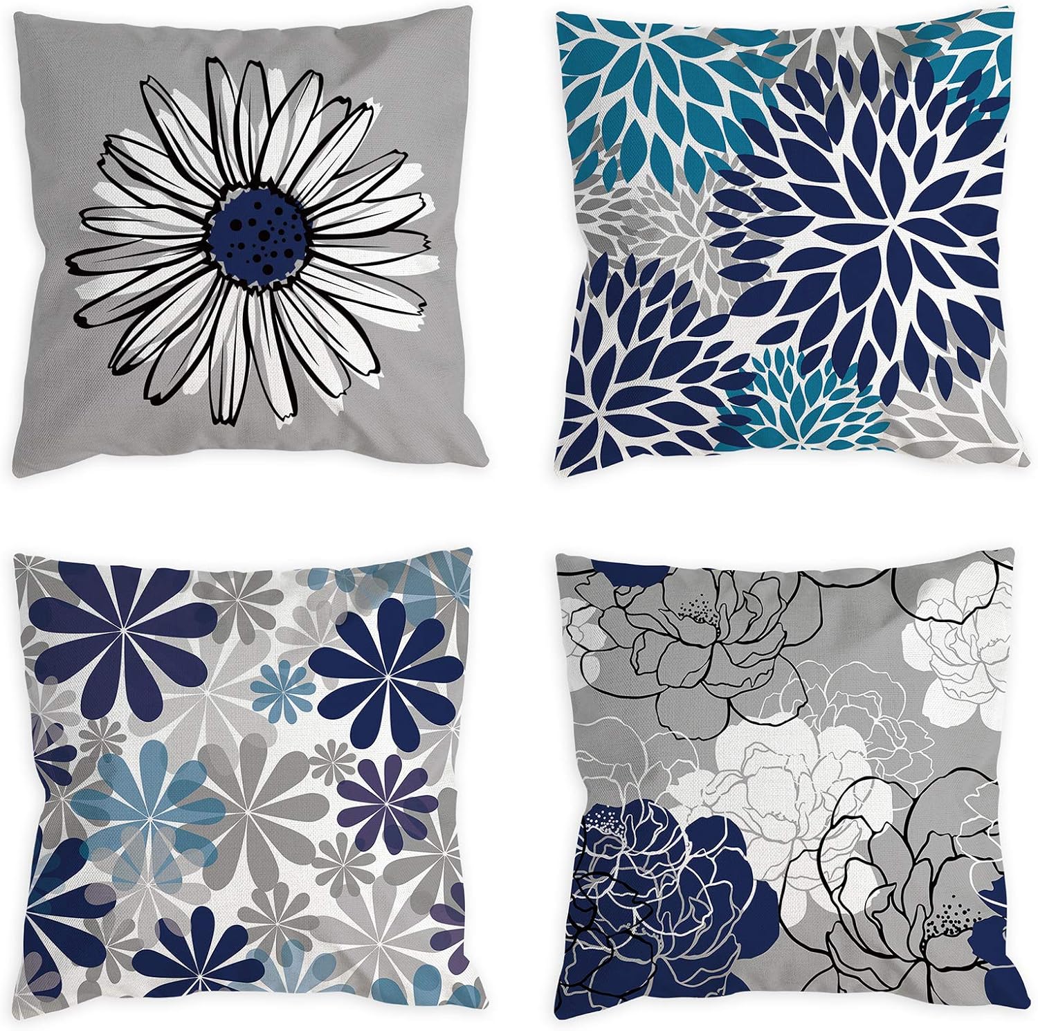 COLORPAPA Blue Pillow Covers 18x18 Set of 4 Grey Decorative Throw Pillow Cover for Couch Modern Daisy Pillows Case for Living Room Cushion Bed Outdoor Navy Blue and Gray Home Decor