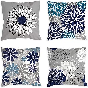 COLORPAPA Blue Pillow Covers 18x18 Set of 4 Grey Decorative Throw Pillow Cover for Couch Modern Daisy Pillows Case for Living Room Cushion Bed Outdoor Navy Blue and Gray Home Decor