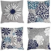COLORPAPA Blue Pillow Covers 18x18 Set of 4 Grey Decorative Throw Pillow Cover for Couch Modern Daisy Pillows Case for Living Room Cushion Bed Outdoor Navy Blue and Gray Home Decor