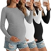 Sweetyweee 3 Pack Women's Maternity Ribbed Shirts Cotton Long Sleeve Pregnancy Tops Lettuce Trim Side Ruched Tees Clothes