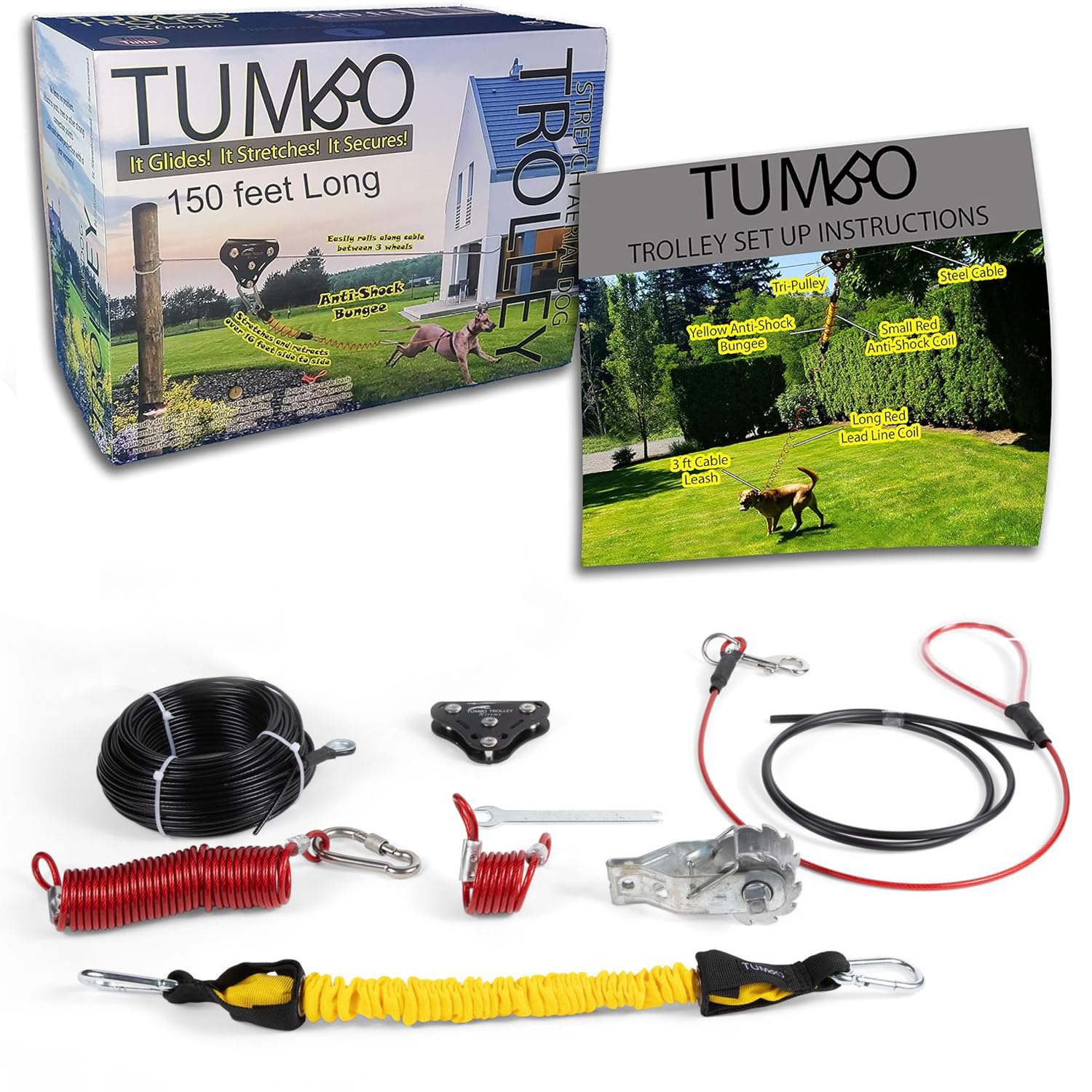Tumbo Xtreme Trolley - Anti-Shock Aerial Dog Runner - Heavy Duty Pulley System - Best Backyard Zipline - 100ft / 150ft / 200ft