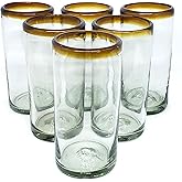 MexHandcraft Amber Rim 20 oz Tall Iced Tea Glasses (set of 6) Mexican Handmade Glassware, Recycled Glass, Lead-free, Toxin-Free (Tall Iced Tea)