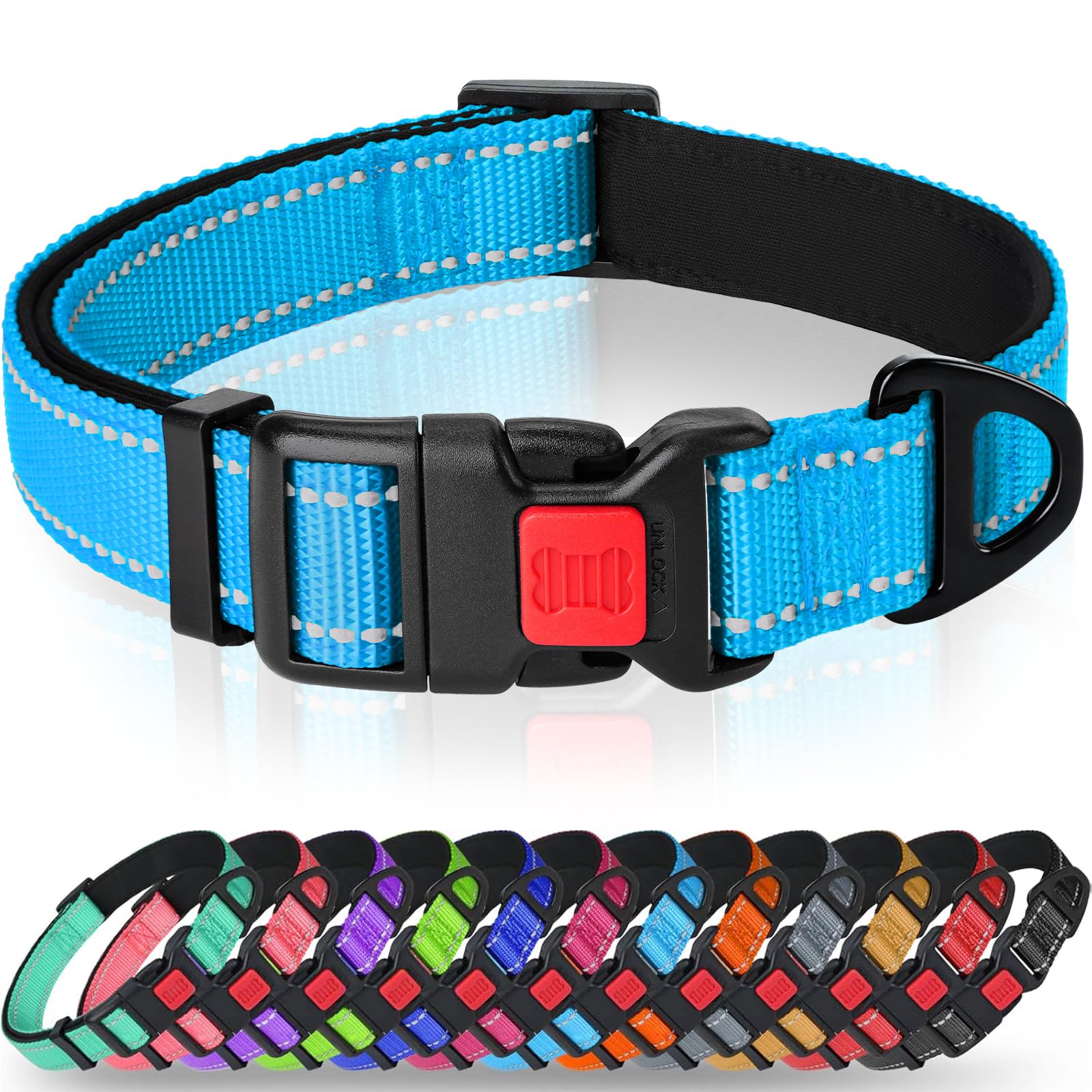 Taglory Reflective Nylon Dog Collar with Safety Buckle, Adjustable Pet Collars with Soft Neoprene Padding for Large Dogs, Sky Blue