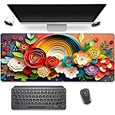 PBLJMJ Rainbow Spring Flowers Desk Pad Mouse Pad,Floral Prints Extended Large Gaming Mouse Mat with Stitched Edges,Non-Slip Waterproof Rubber Base Mousepad for Office Work Home Desk Mat(27.5X11.8 in)