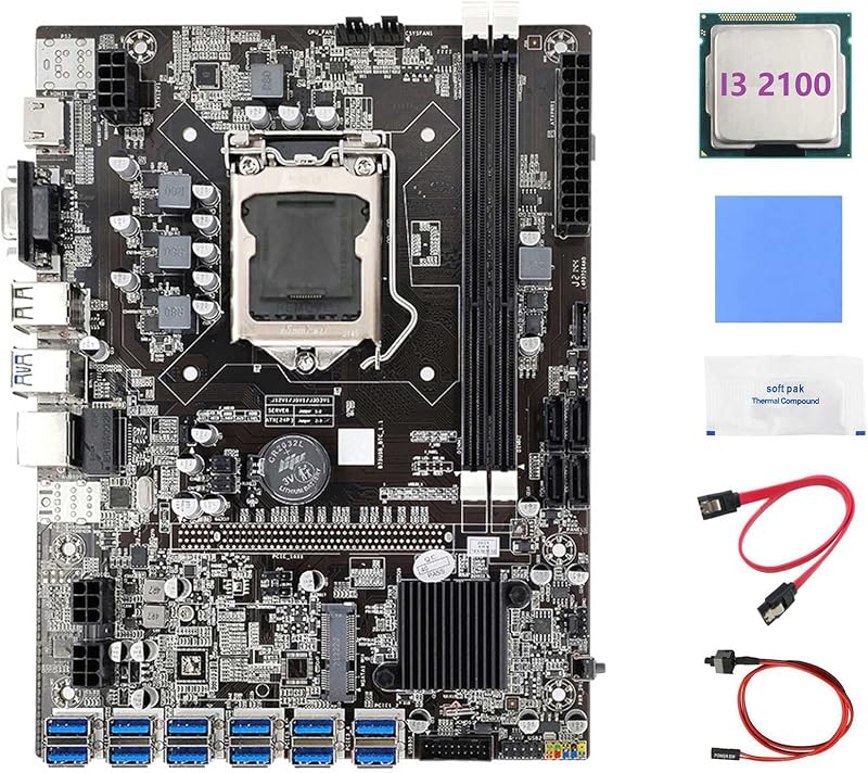 Zunedhys B75 ETH Mining Motherboard 12 PCIE i3 2100 CPU Switch SATA Cables