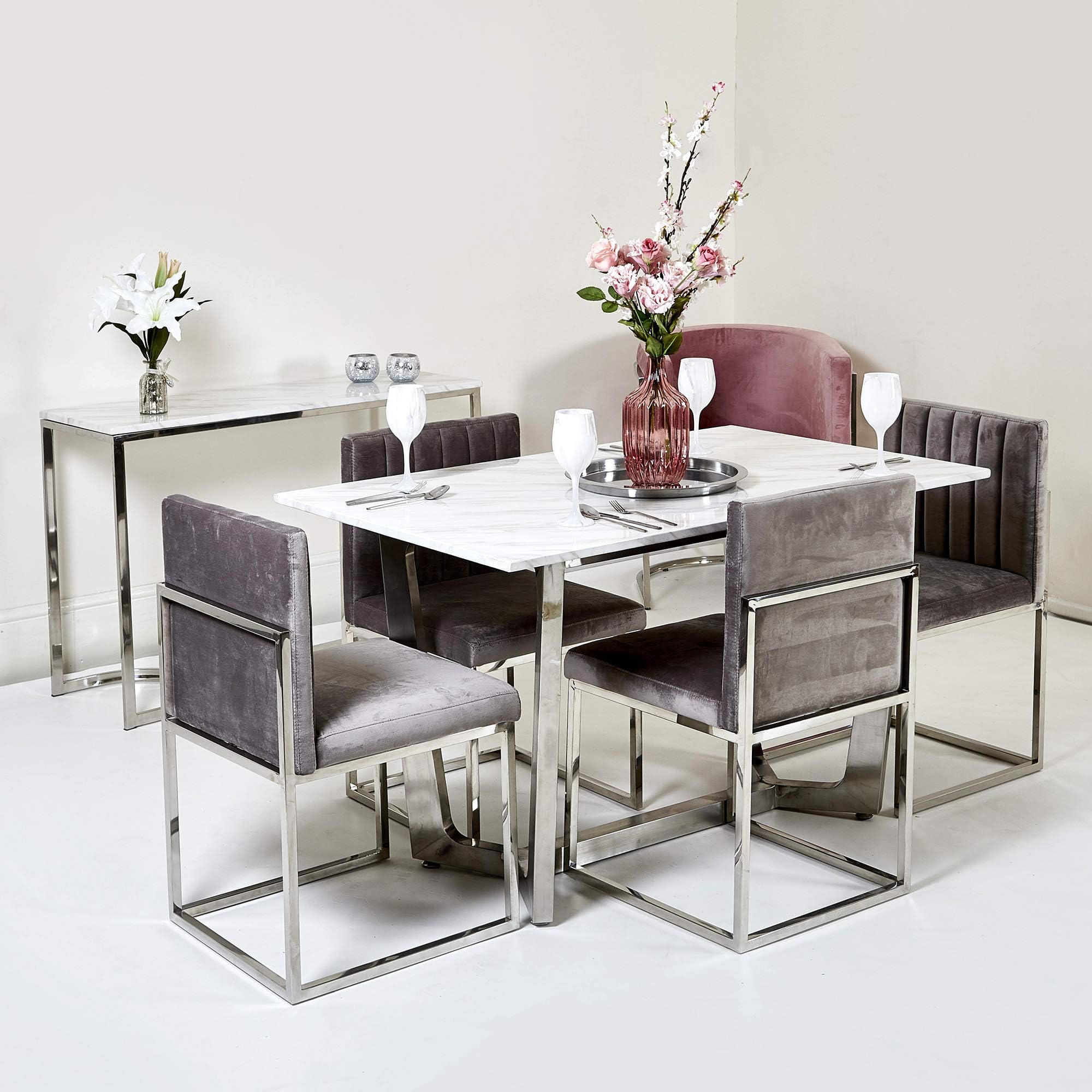 Marble Top Dining Table White Black Gold Silver Metal Legs for Dining Room 4 Seater (Grey Soft Velvet Dining Chair x1)