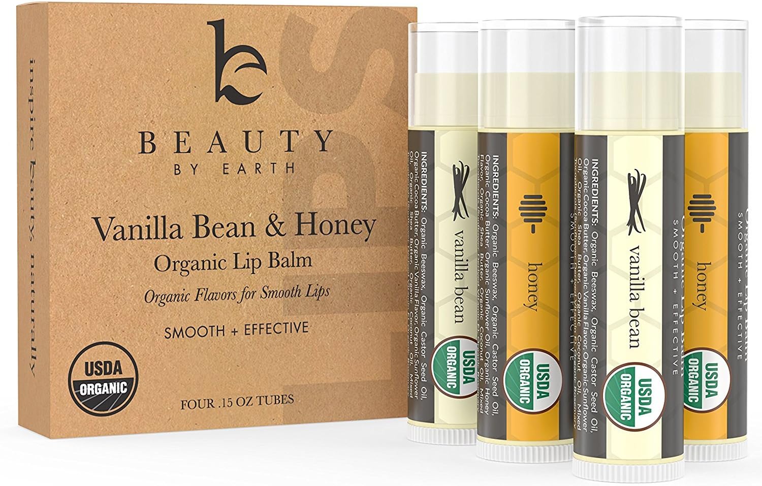 Organic Lip Balm Honey Vanilla - 4 Tubes of Natural Lip Balm, Lip Moisturizer, Lip Treatment for Dry Lips, Lip Care Gifts for Women or Men, Lip Repair, Organic Chapstick, Stocking Stuffer Ideas