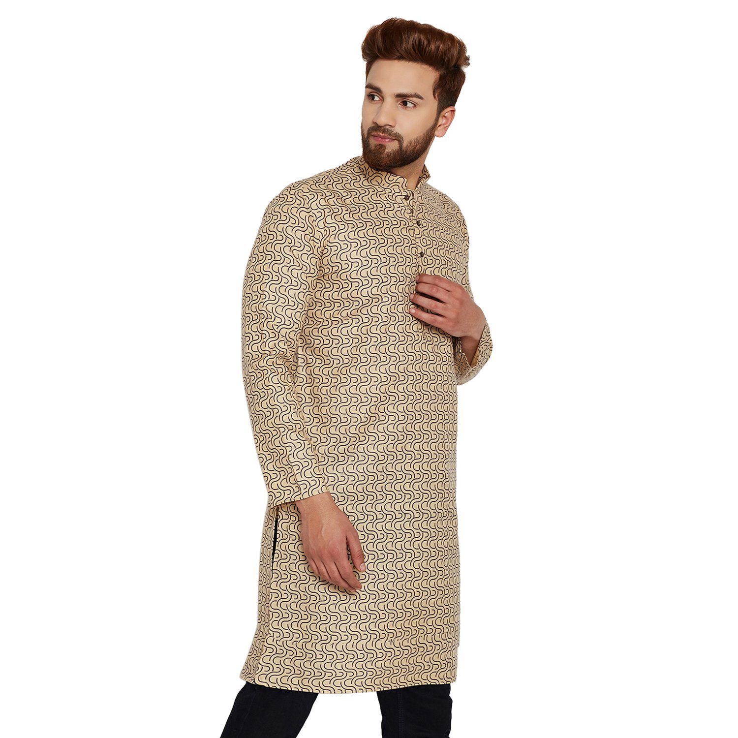 sojanya (since 1958) men's beige cotton linen printed only long kurta