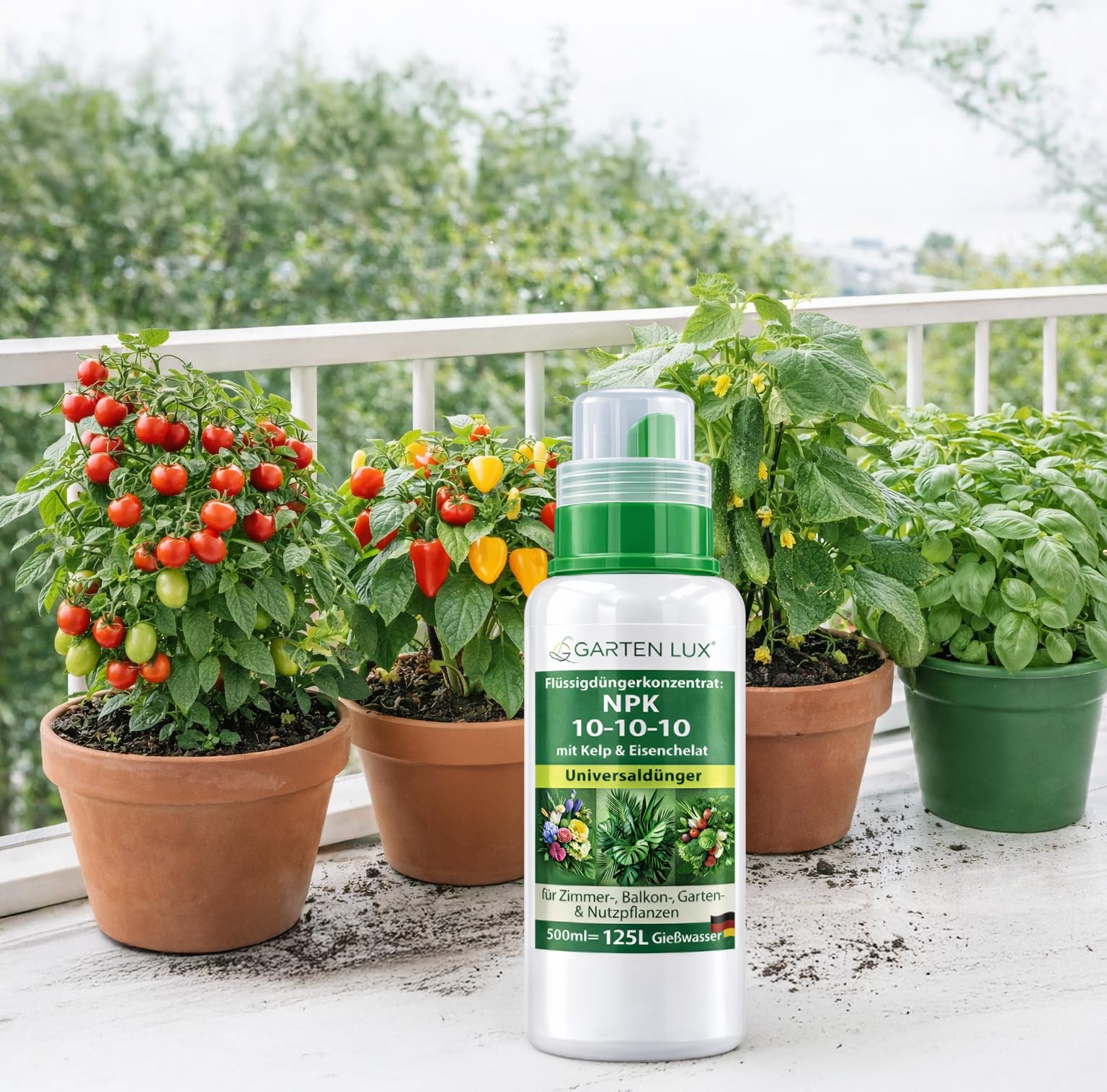 Garten Lux Flüssigdünger Konzentrat NPK 10-10-10 mit Kelp & Eisenchelat – Universaldünger für Zimmer-, Balkon-, Garten- & Nutzpflanzen, 500 ml (125 L Gießwasser) 6
