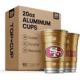 Top Cup NFL San Francisco 49ers Aluminum Party Cups, 20oz, 20 Count | Made in the USA, Colder, Durable, Reusable, Recycleable, Dishwasher Safe