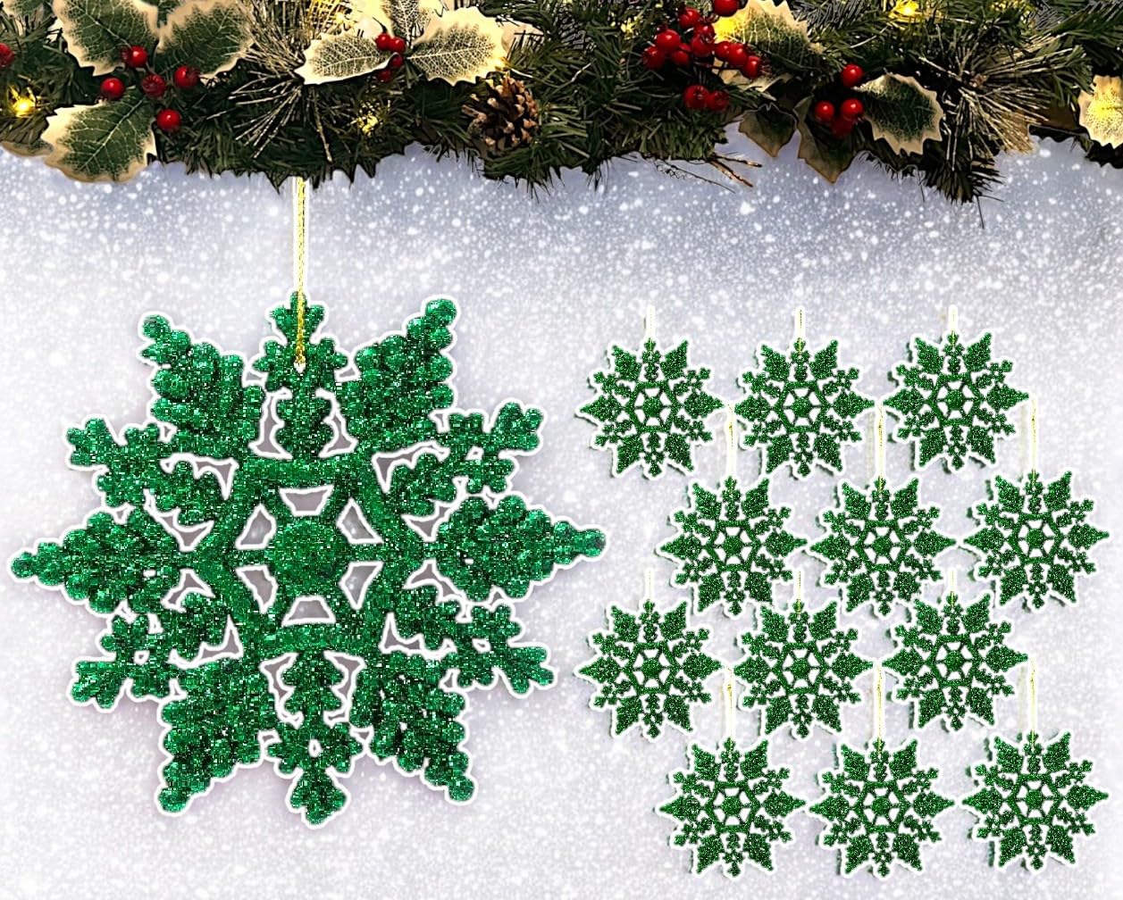 12pk Glitter Snowflake Hanging Decorations, Christmas Tree Snowflake Baubles/Ornaments (Dk Green)