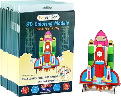 Funvention Space Shuttle - 3D Coloring Model (Pack of 12) - DIY Desk Organizer Pen Stand - STEM Leanring 3D Puzzle Toy - Art, Coloring and Painting Kit for Kids -Birthday Return Gift,Kids Party Pack