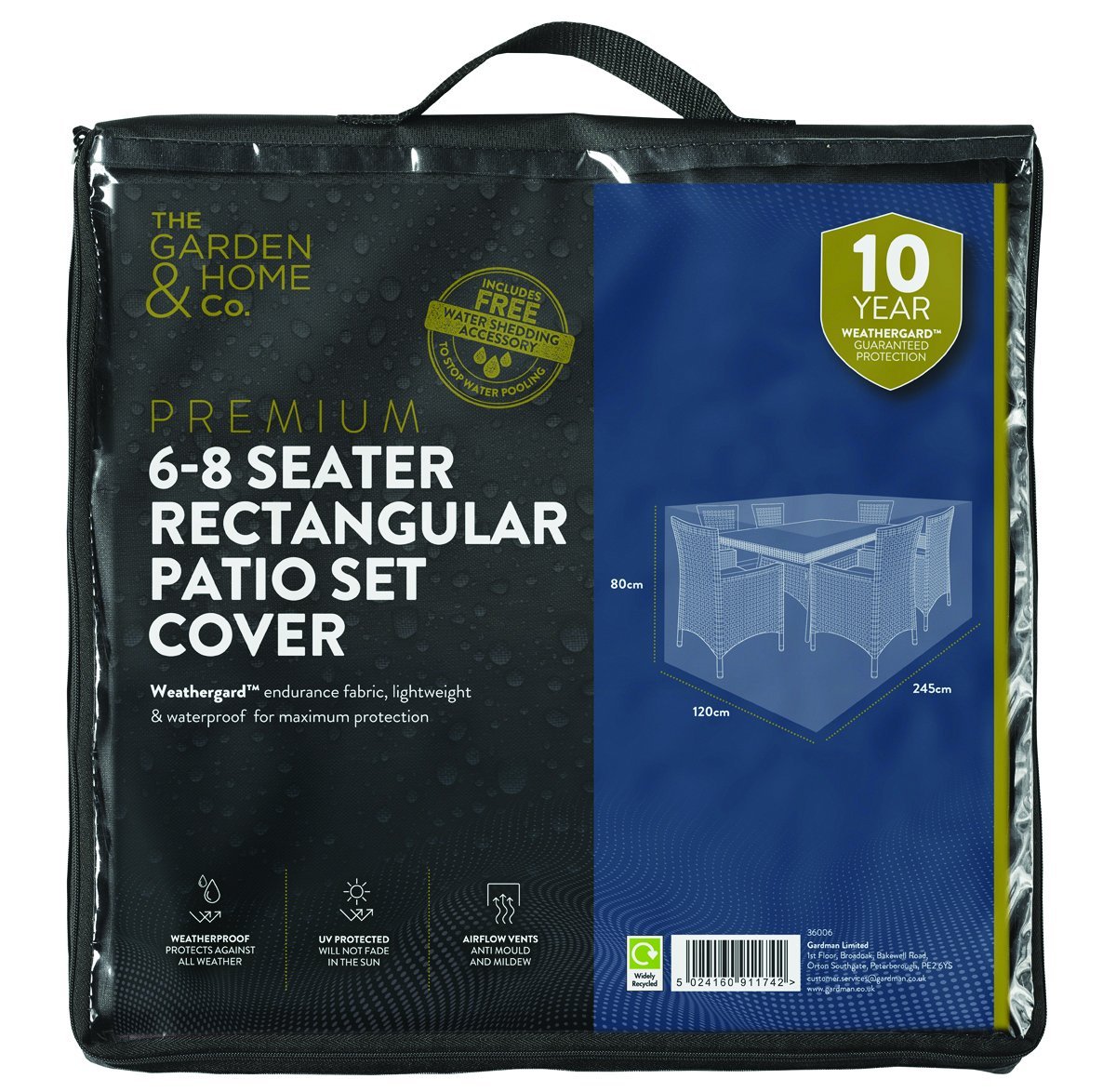 The Garden & Home Co Premium 6-8 Seater Rectangular Patio Set Cover, 245xm x 120cm in Black from The Garden & Home Company INT ltd, fully weather resistant, UV protected, garden furniture protection