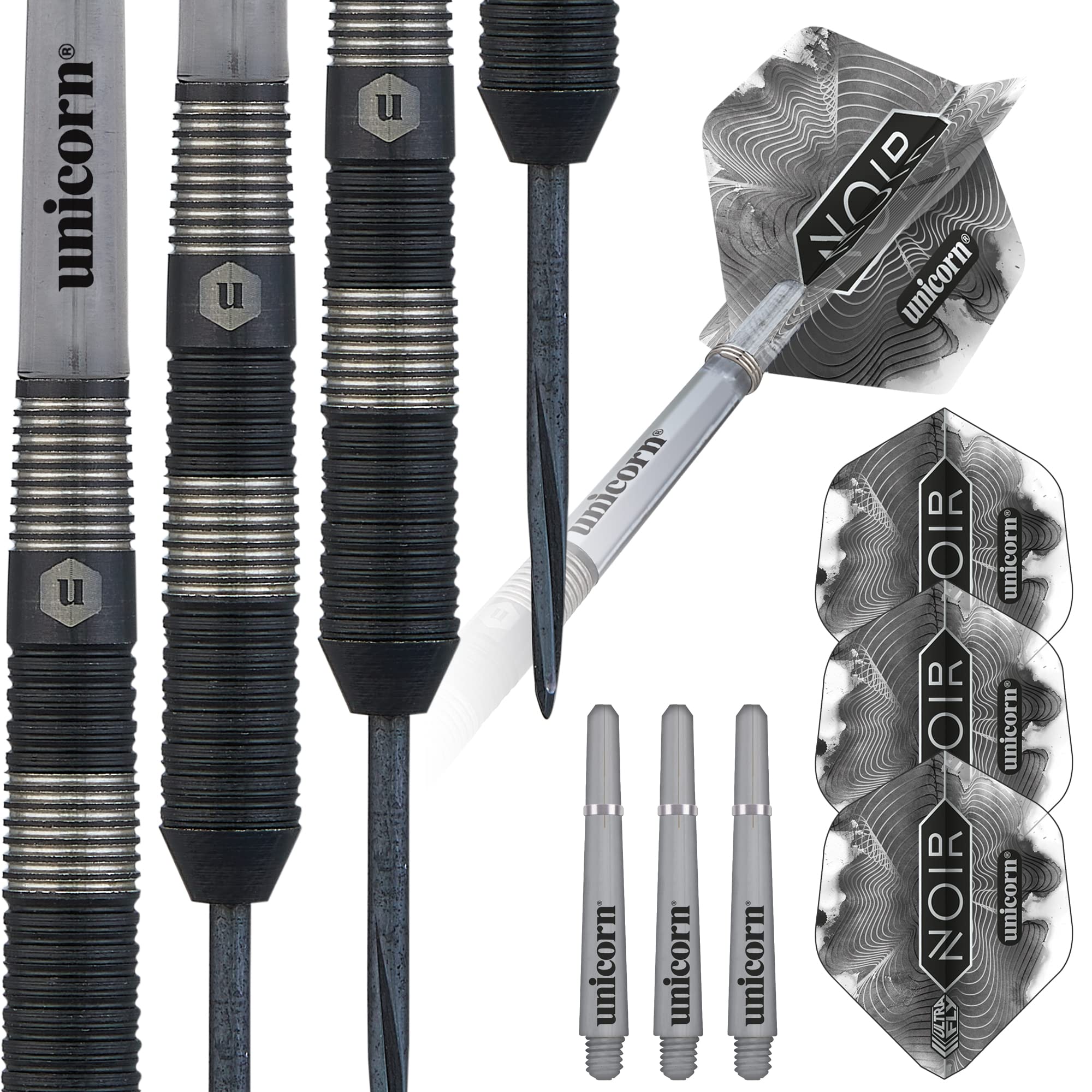 ‎Unicorn Steel Tip Darts Set | Noir Style 3 | 90% Tungsten Barrels with Black Titanium Coating & Black Volute Points | 26 g