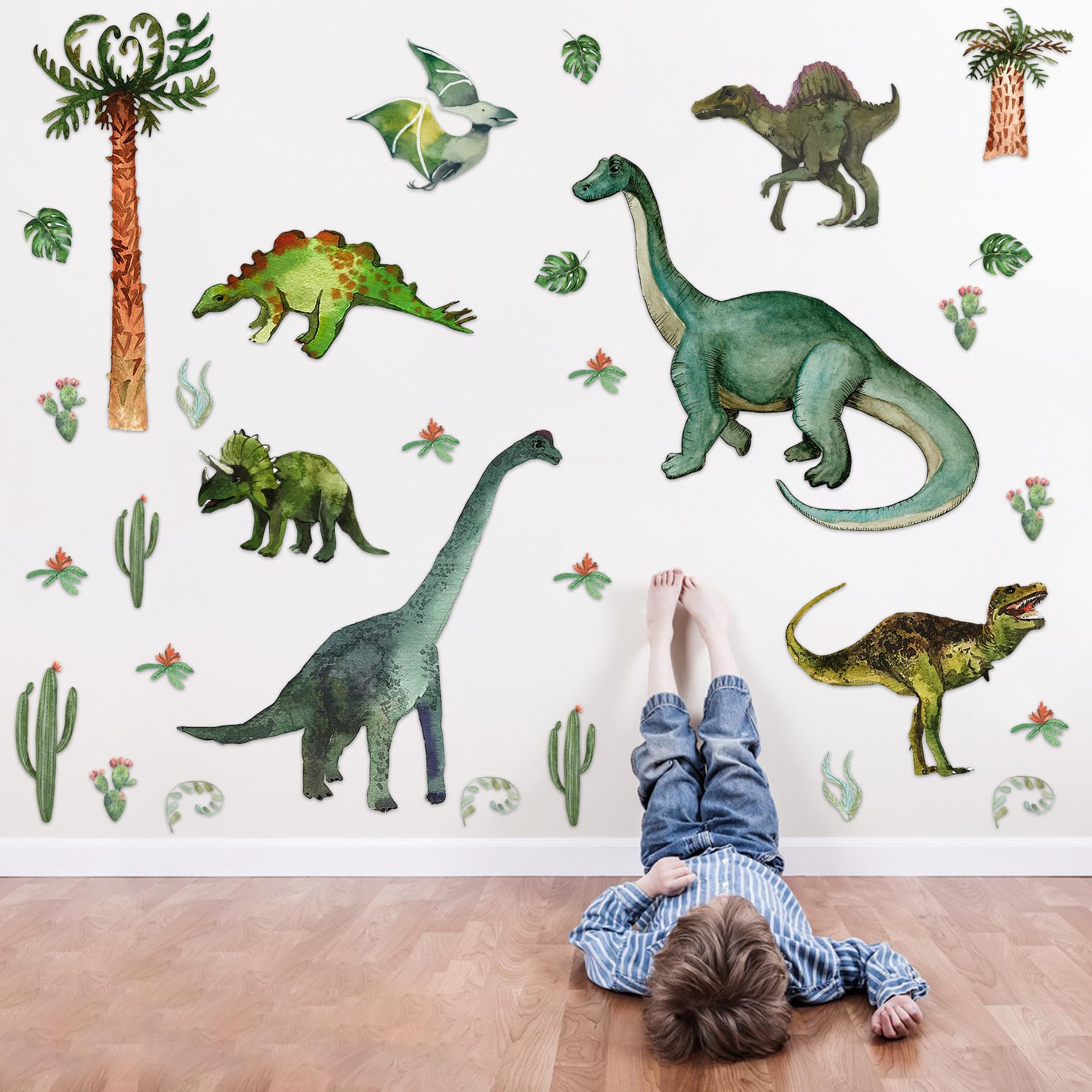 Watercolor Dinosaur Wall Stickers, Large Peel & Stick Dino Wall Decal Tropical Forest Dinosaur Clings for Baby Boy Girl Kids Nursery Bedroom Living Room Playroom Classroom Home Decor