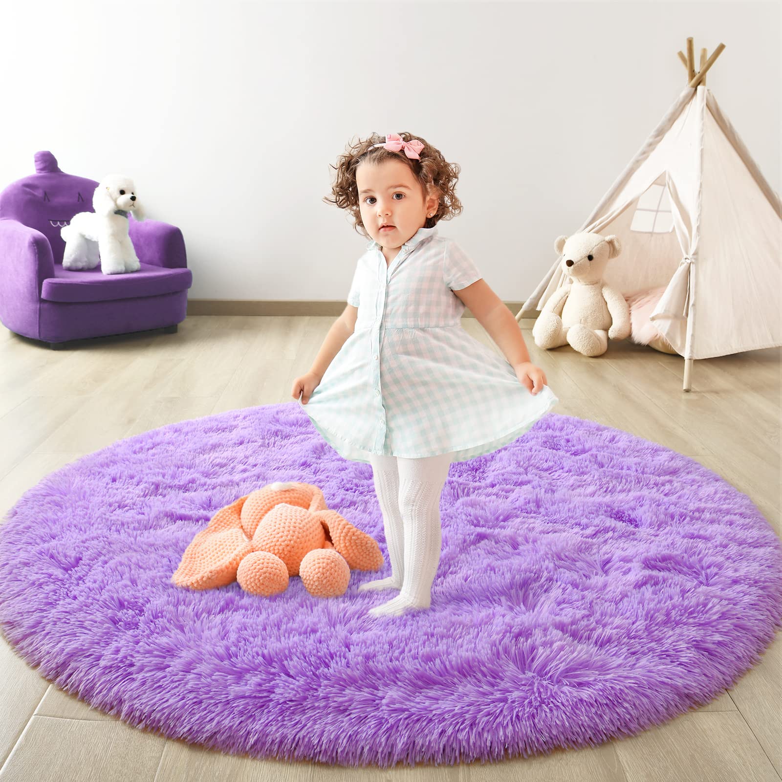 FlyDOIT Purple Round Rug for Bedroom, Super Fluffy Circle Rugs for Baby Nursery, 4'X4' Feet Furry Carpet for Children Kids Room, Cute Soft Shaggy Rug for Girls Home Decor, Fuzzy Plush Carpets for Dorm