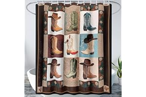 AILONEN Western Shower Curtain,West Cowboy Hats Boots Bath Curtain for Kids Boys,Boho Rustic Cowboy Bathroom Decor + Plastic Hooks,Waterproof, 72" W x 72" H