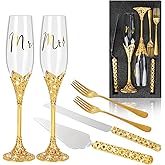 juciasouul 6 PCS Wedding Cake Knife and Champagne Flutes Server Set with Fork Mr and Mrs Champaign Flutes, Bride and Groom Champagne Glasses Crystal Rhinestone Wedding Toasting Glasses Parties